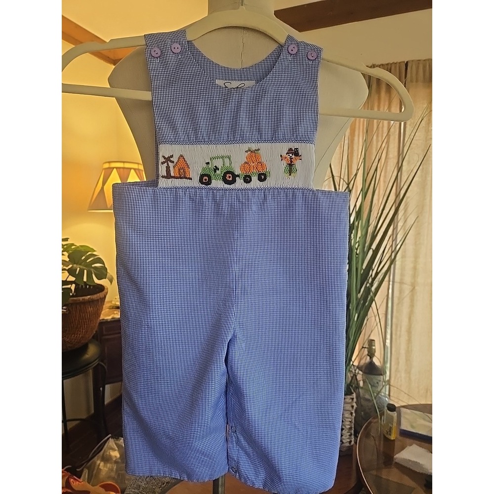 Smockeroo -  Boys Smocked Overalls - Fall Theme - blue Plaid 2-3T